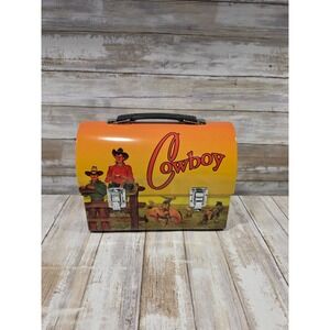 Accoutrements Cowboy Tin Lunch Box Western Rodeo Metal Dome Top Orange 2005